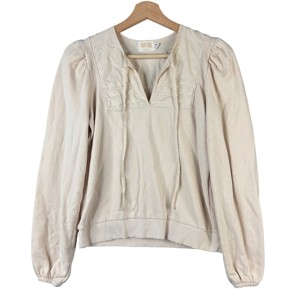 Nation LTD Nola Peasant Sweatshirt Cream 100% Cotton Puff Sleeve V-Neck Size XS